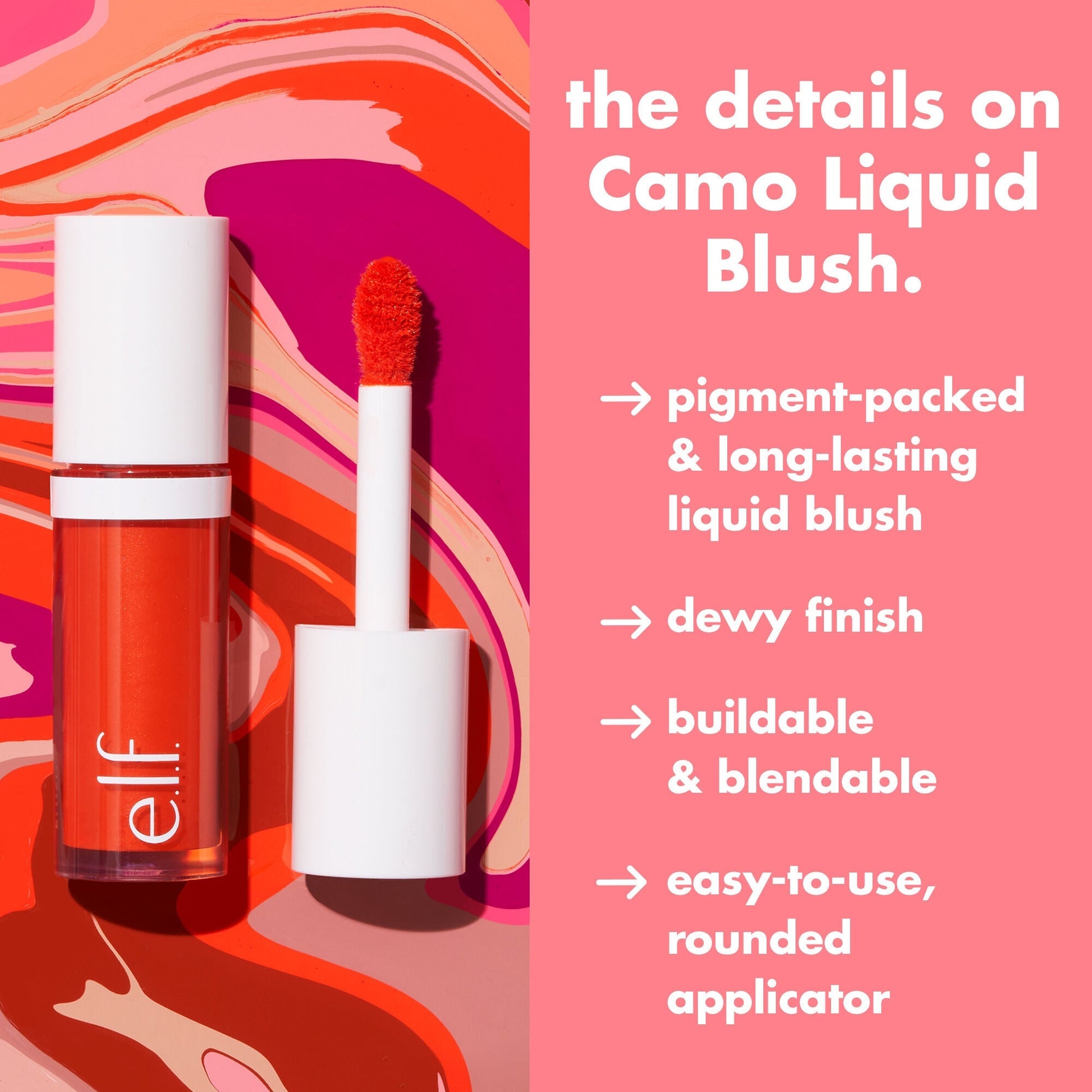 The details abouthigh pigment Camo Liquid Blush that is buildable and blendable w/ a dewy finish.