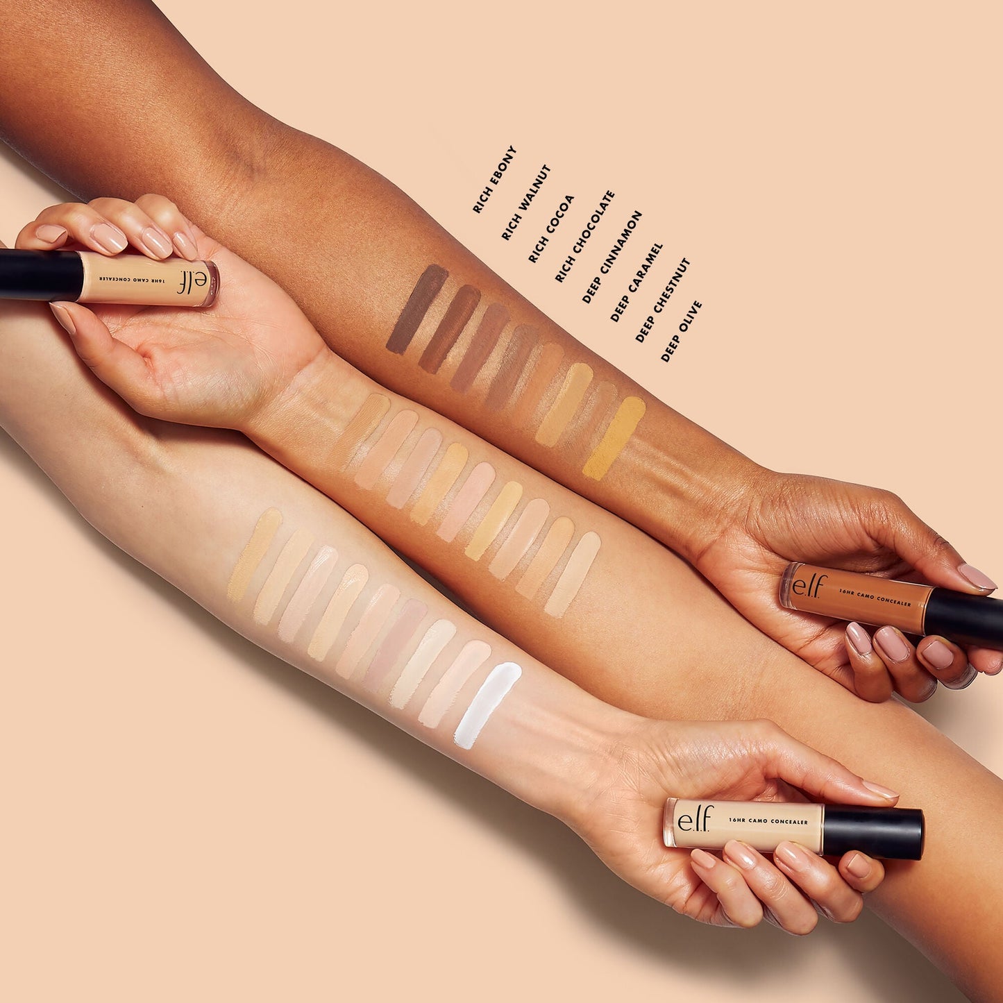 e.l.f. 16 HR Camo Concealer Arm Shade Swatches on Different Skin Tones