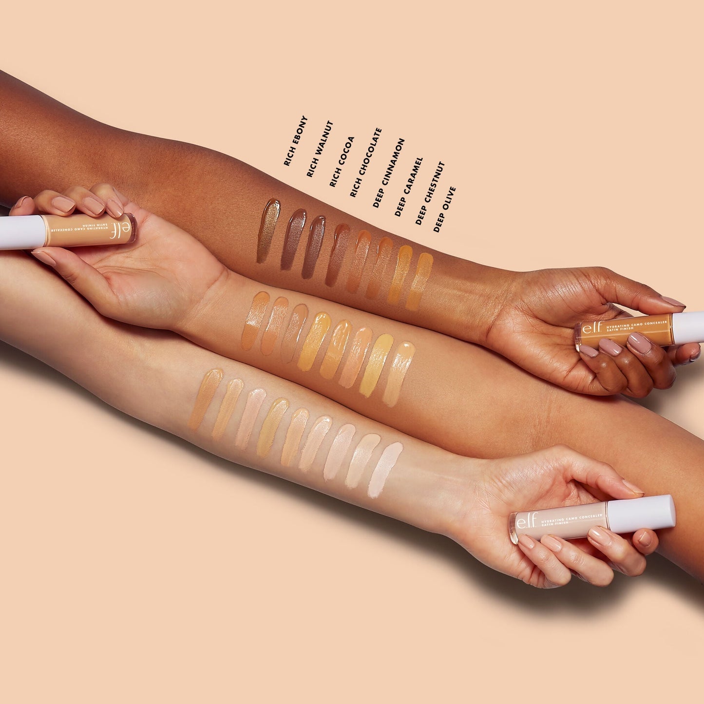 e.l.f. Hydrating Camo Concealer Arm Shade Swatches on Different Skin Tones